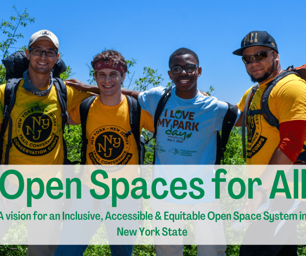 Diverse group of hikers at a scenic viewpoint. Text reads: "Open Spaces for All. A vision for an Inclusive, Accessible and Equitable Open Space System in New York State."