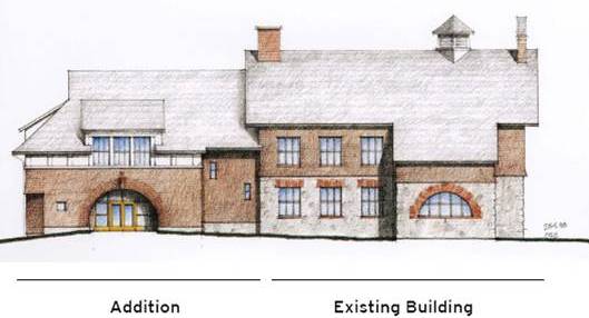 Rendering of Darlington Schoolhouse with addition with existing building